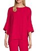 Caroline Rose Julia Matte Crepe Crew Neck 3/4 Ruffled Sleeve High-Low Hem Top, Color:Geranium - Image 1