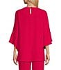 Caroline Rose Julia Matte Crepe Crew Neck 3/4 Ruffled Sleeve High-Low Hem Top, Color:Geranium - Image 2