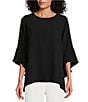 Color:Black - Image 1 - Julia Matte Crepe Round Neck 3/4 Ruffle Sleeve High-Low Top