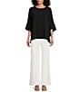 Color:Black - Image 3 - Julia Matte Crepe Round Neck 3/4 Ruffle Sleeve High-Low Top