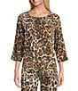Caroline Rose Coordinating Leopard Print Matte Crepe Round Neck 3/4 Sleeve Party Top, Color:Multi Black - Image 1