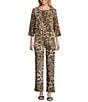 Caroline Rose Coordinating Leopard Print Matte Crepe Round Neck 3/4 Sleeve Party Top, Color:Multi Black - Image 5