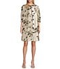 Caroline Rose Lustrous Fiore Brocade Round Neck 3/4 Sleeve Button-Front Long Statement Jacket, Color:Champagne/Black - Image 1