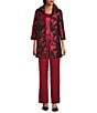 Caroline Rose Luxe Leaf Pattern Devore Ruched Collar 3/4 Sleeve Open-Front Statement Jacket, Color:Red/Black - Image 3