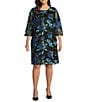 Caroline Rose Plus Bella Embroidered Blooms Mesh Knit Scoop Neck 3/4 Bell Sleeve A-Line Dress, Color:Blue Multi - Image 1