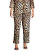 Caroline Rose Plus Coordinating Leopard Print Matte Crepe Flat Front Pull-On Straight Leg Pants, Color:Multi Black - Image 1