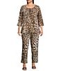 Caroline Rose Plus Coordinating Leopard Print Matte Crepe Flat Front Pull-On Straight Leg Pants, Color:Multi Black - Image 3
