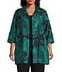 Caroline Rose Plus Floral Pattern Cloque Jacquard Spread Collar 3/4 Sleeve Open-Front Statement Jacket, Color:Emerald/Black - Image 1