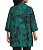 Caroline Rose Plus Floral Pattern Cloque Jacquard Spread Collar 3/4 Sleeve Open-Front Statement Jacket, Color:Emerald/Black - Image 2