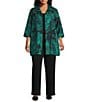 Caroline Rose Plus Floral Pattern Cloque Jacquard Spread Collar 3/4 Sleeve Open-Front Statement Jacket, Color:Emerald/Black - Image 3