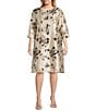 Caroline Rose Plus Lustrous Fiore Brocade Round Neck 3/4 Sleeve Button Front Long Statement Jacket, Color:Champagne/Black - Image 2