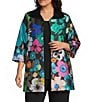 Caroline Rose Plus Mikado Bight Multi Floral Print Spread Collar Cuffed Bracelet Sleeve Open-Front Long Statement Jacket - Image 1
