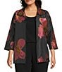 Caroline Rose Plus Pink Petal Print Devore Spread Collar Bracelet Sleeve Open-Front Statement Jacket, Color:Pink Black - Image 1