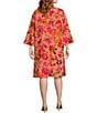 Color:Coral/Multi - Image 2 - Plus Size Bella Crepe Bright Blooms Print Scoop Neck 3/4 Bell Sleeve A-Line Dress