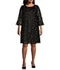 Color:Black/Black - Image 1 - Plus Size Bella Soiree Embroidered Mesh Lace 3/4 Bell Sleeve Shift Dress