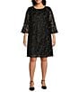 Caroline Rose Plus Size Bella Soiree Embroidered Mesh Lace 3/4 Bell Sleeve Shift Dress, Color:Black/Black - Image 1