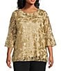 Caroline Rose Plus Size Bella Soiree Embroidered Mesh Lace Scoop Neck 3/4 Bell Sleeve Tunic, Color:Golden - Image 1