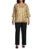 Caroline Rose Plus Size Bella Soiree Embroidered Mesh Lace Scoop Neck 3/4 Bell Sleeve Tunic, Color:Golden - Image 3