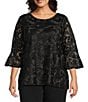 Caroline Rose Plus Size Bella Soiree Embroidered Mesh Lace Scoop Neck 3/4 Bell Sleeve Tunic, Color:Black/Black - Image 1