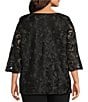Caroline Rose Plus Size Bella Soiree Embroidered Mesh Lace Scoop Neck 3/4 Bell Sleeve Tunic, Color:Black/Black - Image 2