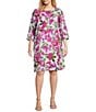 Color:Lavender Multi - Image 1 - Plus Size Bright Blooms Floral Print Round Neck 3/4 Sleeve Pocketed Shift Dress