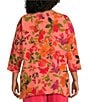 Color:Coral/Multi - Image 2 - Plus Size Crepe Bright Blooms Print Scoop Neck 3/4 Sleeve Side Drape Tunic