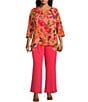 Color:Coral/Multi - Image 3 - Plus Size Crepe Bright Blooms Print Scoop Neck 3/4 Sleeve Side Drape Tunic