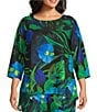 Color:Multi/Black - Image 1 - Plus Size Crepe Woven Garden Walk Party Floral Print Scoop Neck 3/4 Bell Sleeve Coordinating Top