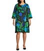 Color:Multi/Black - Image 1 - Plus Size Crepe Woven Garden Walk Party Floral Print Scoop Neck 3/4 Bell Sleeve Dress