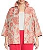 Color:Coral/White - Image 1 - Plus Size Devore Jacquard Coral Rose Print Ruched Stand Collar Bracelet Sleeve Open-Front Jacket