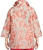 Color:Coral/White - Image 2 - Plus Size Devore Jacquard Coral Rose Print Ruched Stand Collar Bracelet Sleeve Open-Front Jacket