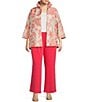 Color:Coral/White - Image 3 - Plus Size Devore Jacquard Coral Rose Print Ruched Stand Collar Bracelet Sleeve Open-Front Jacket