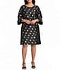 Caroline Rose Plus Size Embroidered Dot Pattern Scoop Neck 3/4 Ruffle Cuff Sleeve Shift Dress - Image 1