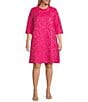 Color:Pink - Image 1 - Plus Size Floral Cloque' Mock Collar 3/4 Sleeve Pocketed Shift Dress