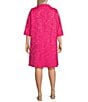 Color:Pink - Image 2 - Plus Size Floral Cloque' Mock Collar 3/4 Sleeve Pocketed Shift Dress