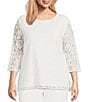 Color:White - Image 1 - Plus Size Floral Lace Scoop Neck 3/4 Sleeve Easy Fit Tunic