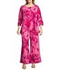 Caroline Rose Plus Size Flower Splash Print Elastic Waist Side Leg Party Pants, Color:Pink Multi - Image 3