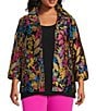 Color:Multi Black - Image 1 - Plus Size Jacquard Floral Fantasy Spread Collar 3/4 Sleeve Open-Front Statement Jacket