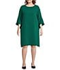 Caroline Rose Plus Size Julia Matte Crepe Round Neck 3/4 Ruffle Sleeve Shift Dress, Color:Emerald - Image 1