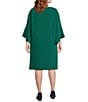 Caroline Rose Plus Size Julia Matte Crepe Round Neck 3/4 Ruffle Sleeve Shift Dress, Color:Emerald - Image 2