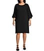 Color:Black - Image 1 - Plus Size Julia Matte Crepe Round Neck 3/4 Ruffle Sleeve Shift Dress
