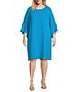 Color:Turquoise - Image 1 - Plus Size Julia Matte Crepe Round Neck 3/4 Ruffle Sleeve Shift Dress