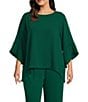 Caroline Rose Plus Size Julia Matte Crepe Round Neck 3/4 Ruffled Sleeve High-Low Hem Top, Color:Emerald - Image 1