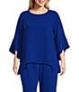 Caroline Rose Plus Size Julia Matte Crepe Round Neck 3/4 Ruffled Sleeve High-Low Hem Top, Color:Royal - Image 1