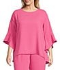 Caroline Rose Plus Size Julia Matte Crepe Round Neck 3/4 Ruffled Sleeve High-Low Hem Top, Color:Palm Beach - Image 1