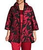 Caroline Rose Plus Size Luxe Leaf Pattern Devore Ruched Collar 3/4 Sleeve Open-Front Statement Jacket, Color:Red/Black - Image 1