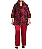Caroline Rose Plus Size Luxe Leaf Pattern Devore Ruched Collar 3/4 Sleeve Open-Front Statement Jacket, Color:Red/Black - Image 3