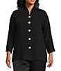 Color:Black - Image 5 - Plus Size Matte Crepe Mandarin Collar 3/4 Sleeve Black Rhinestone Button Statement Jacket
