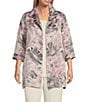 Color:Multi Black - Image 1 - Plus Size Pinch of Pink Floral Jacquard Notch Collar Cuffed Sleeve Open-Front Long Statement Jacket