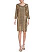 Color:Gold - Image 1 - Sparkling Sequin Jewel Neck 3/4 Sleeve Knit Shift Dress
